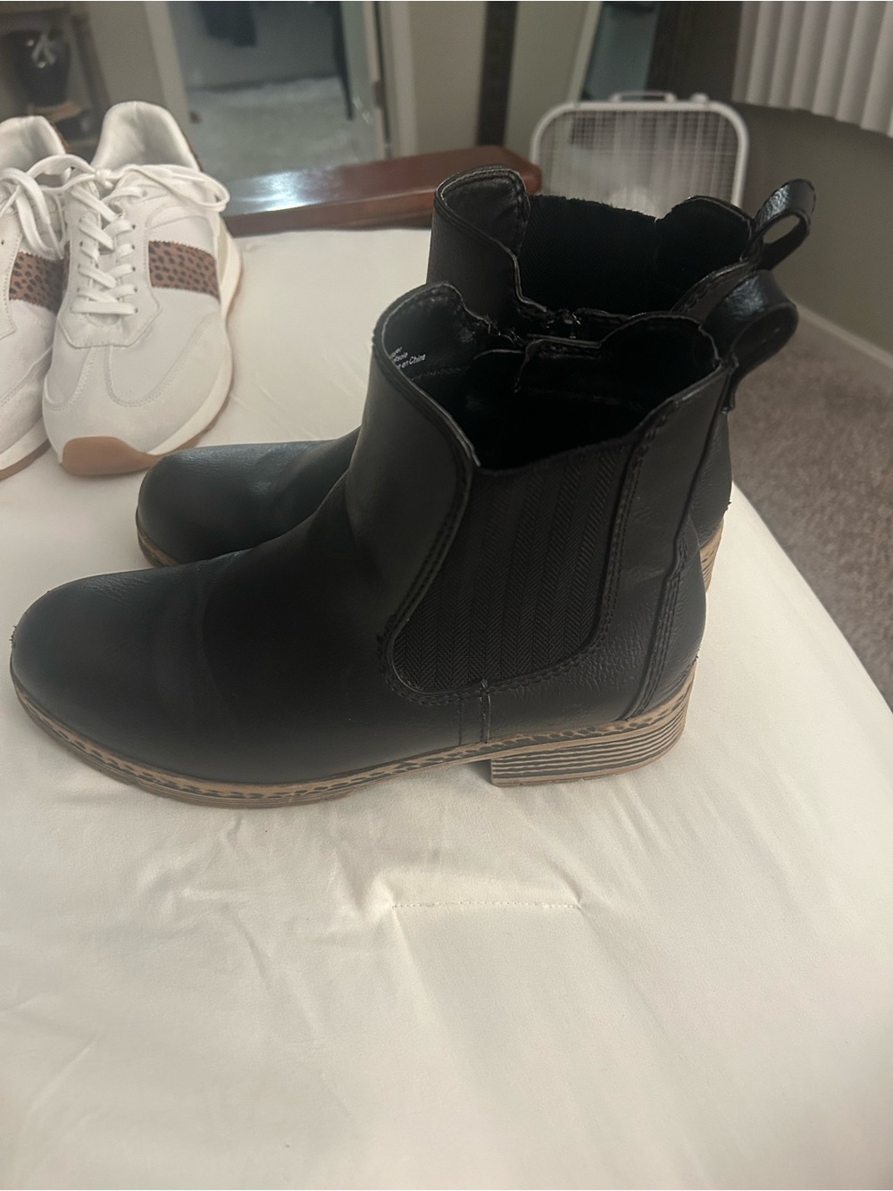 Maurices Black Chelsea Ankle Boots with Brown Stacked Heel